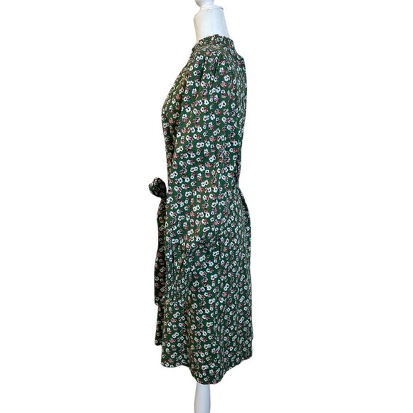 Boden Floral High Neck Shift Long Sleeve Dress Green Tie Belt Dress Size 14 - Picture 4 of 11